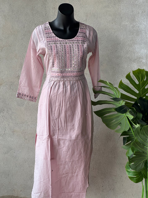Baby Pink neck work cotton kurti pant