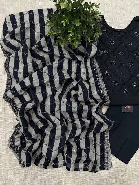 Black and off white striped dup muslin set