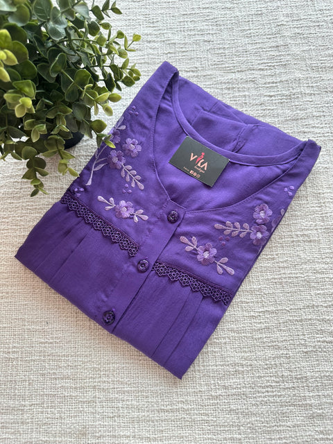 Neck emb Crush cotton nighty-Purple