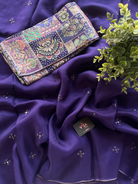 Violet sequins fancy jute saree