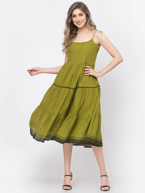 Green Self-Design Casual Dress with gathers