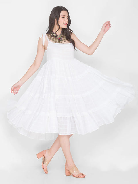 White Self Checked Tiered Casual Dress