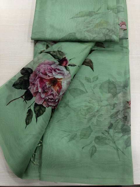 Floral printed organza saree with belt