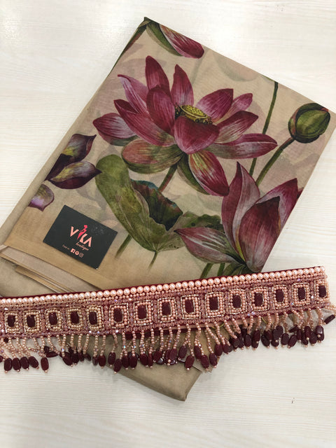 Floral printed organza saree with belt