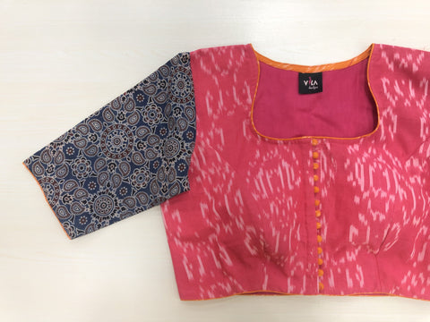 Pink ikat/blue ajrakh cotton blouse