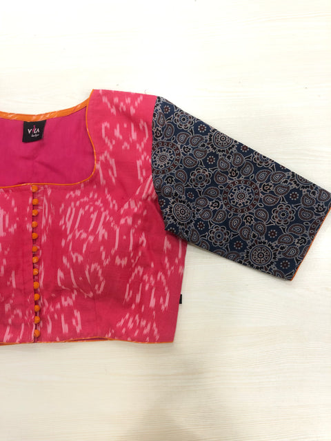 Pink ikat/blue ajrakh cotton blouse