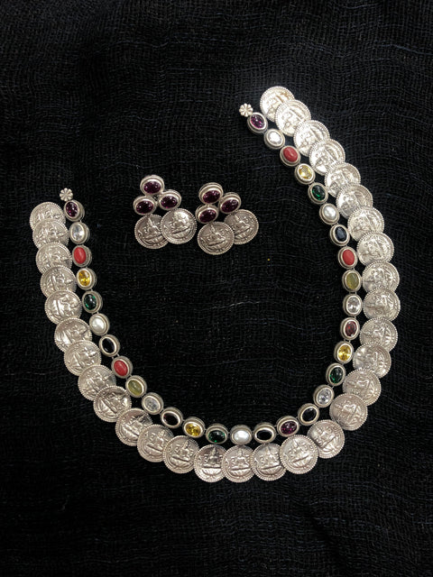925 silver navratna coin neckalce