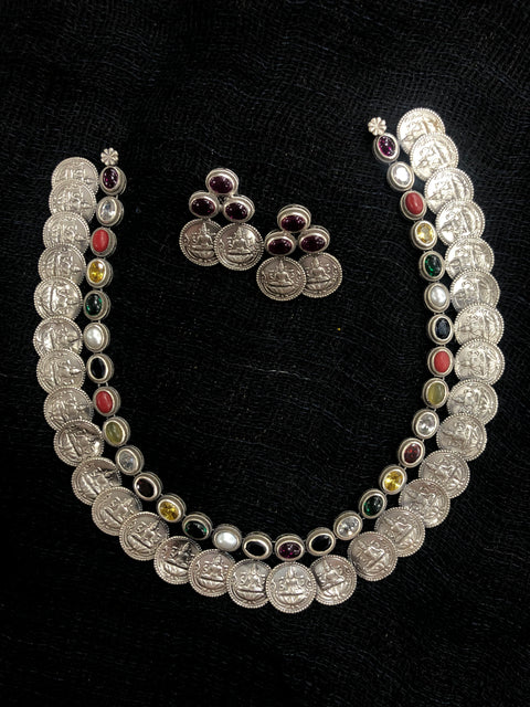 925 silver navratna coin neckalce