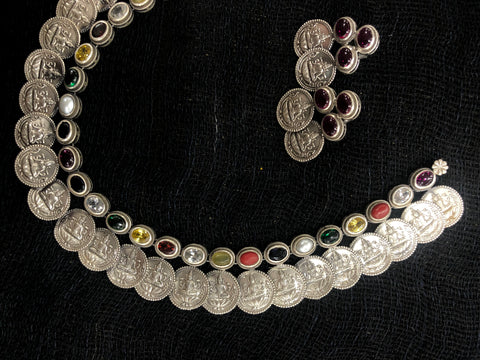 925 silver navratna coin neckalce