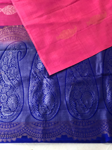 Pink with royal blue soft silk saree