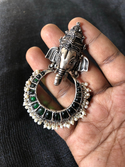 Green Ganesha 925 silver earring