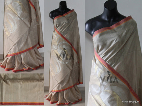 Beige soft jute silk saree - VIKA Boutique