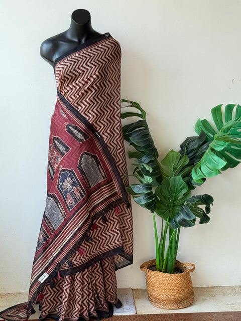 Zigzag Printed linen cotton saree