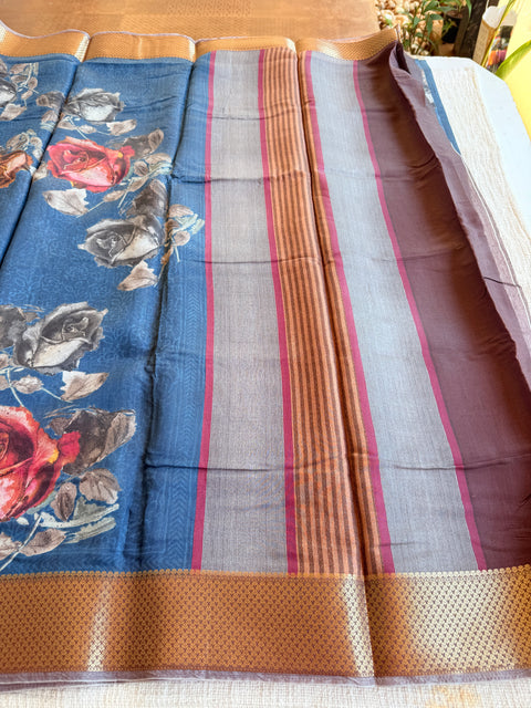 Vintage floral printed zari border saree