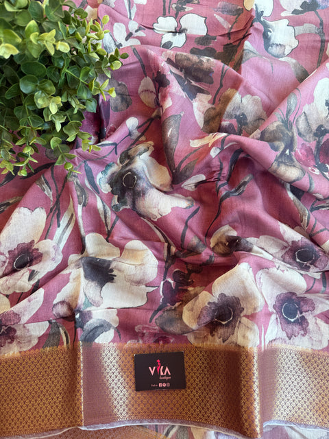 Vintage floral printed zari border saree