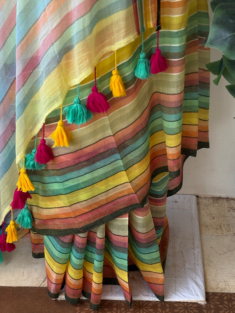 Multi border mul cotton saree - Yellow
