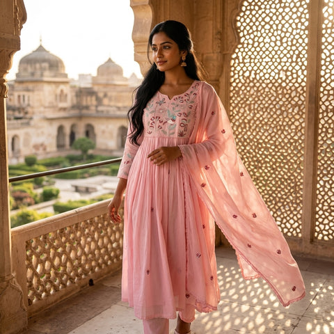 Baby pink Neck emb pure cotton suit set