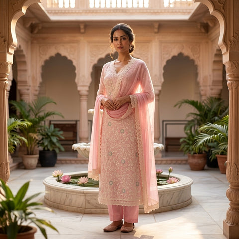 Offwhite/ pink Emb Kota salwar suit material