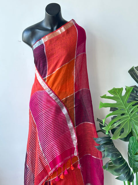 Multicolour cotton linen saree