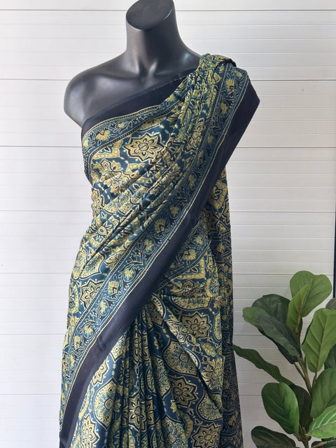Ajrakh printed modal silk saree