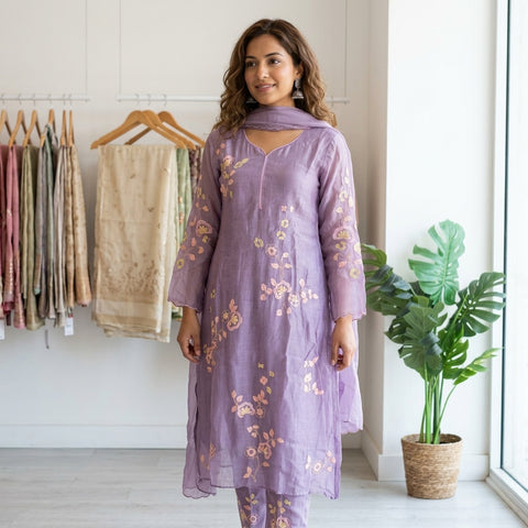 Lavender mul chanderi emb suit set