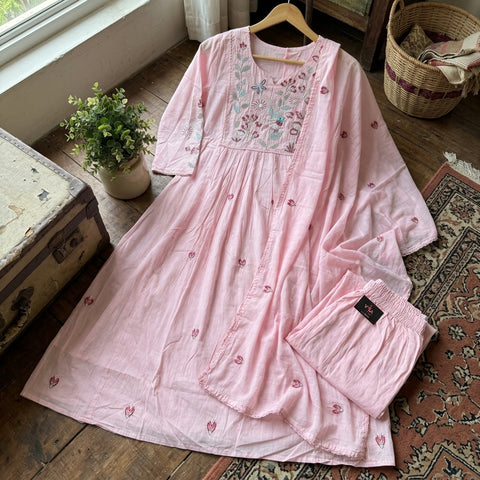 Baby pink Neck emb pure cotton suit set