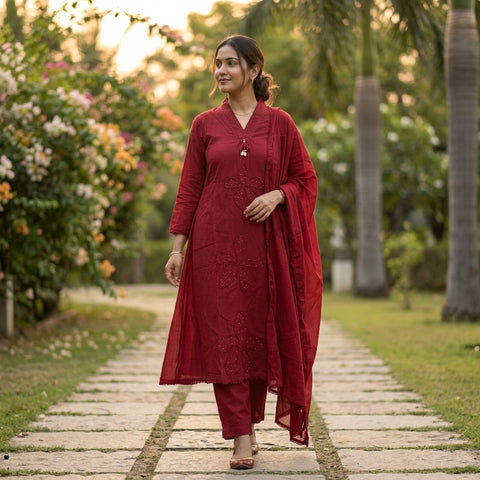 Applique maroon pure cotton suit set