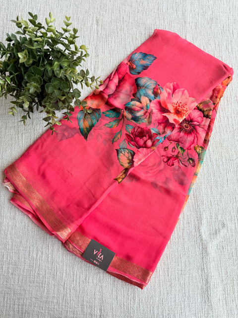 Zari border Floral printed pure chiffon saree