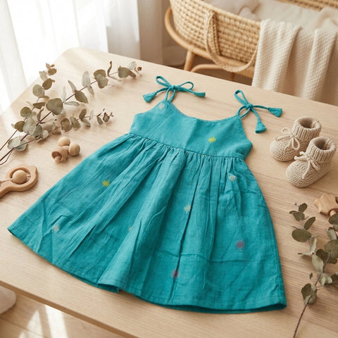 Rama green Jamdani cotton kids frock