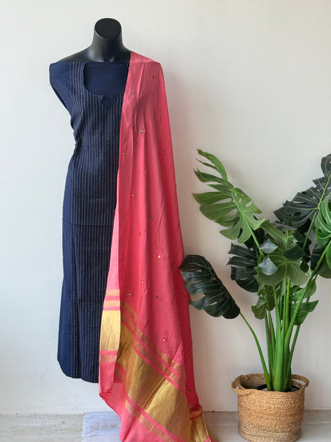 Contrast mirror work silk Dupatta with silk cotton top