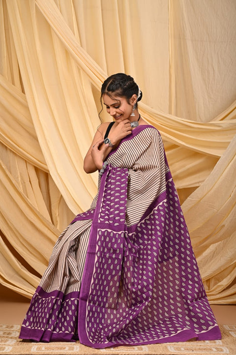 Bagru Printed mul cotton saree