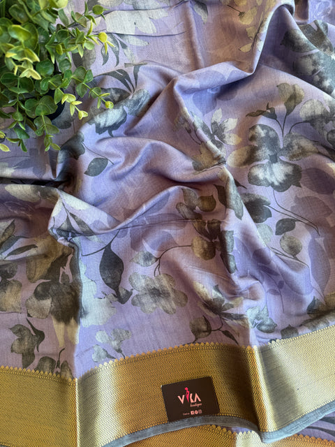 Vintage floral printed zari border saree
