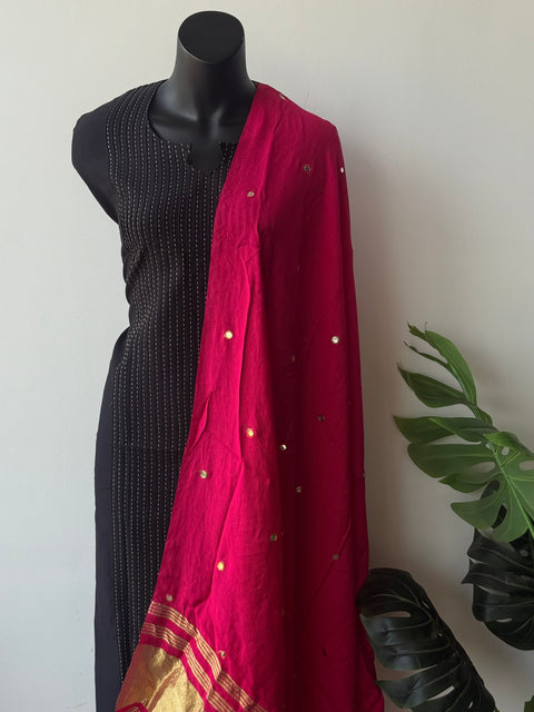 Contrast mirror work silk Dupatta with silk cotton top