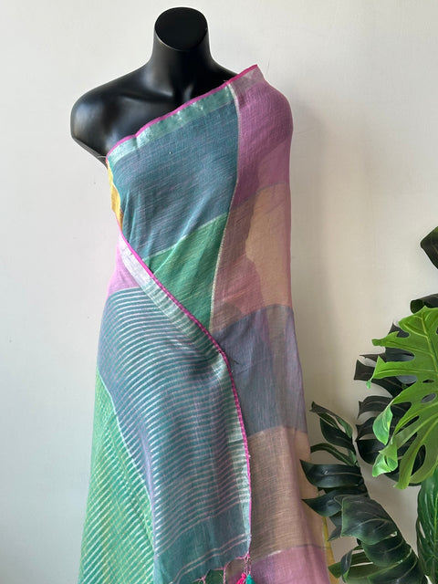 Multicolour cotton linen saree