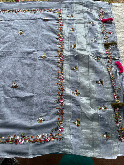 Hand embroidery cotton saree - Grey