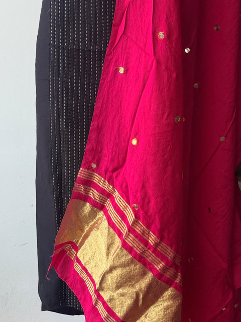 Contrast mirror work silk Dupatta with silk cotton top