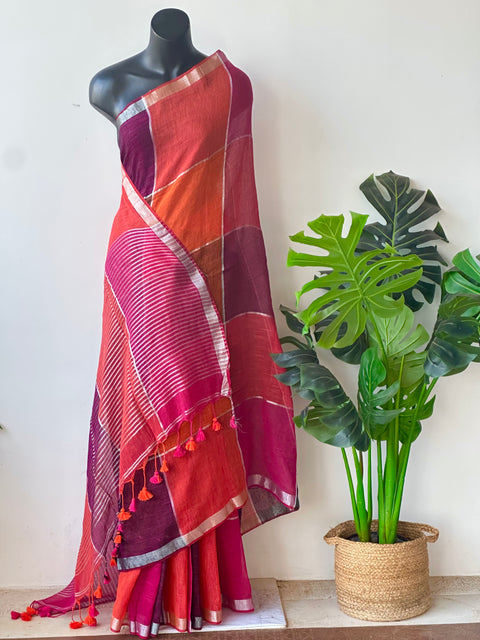 Multicolour cotton linen saree