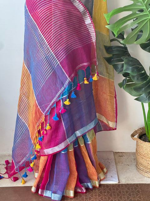 Multicolour cotton linen saree