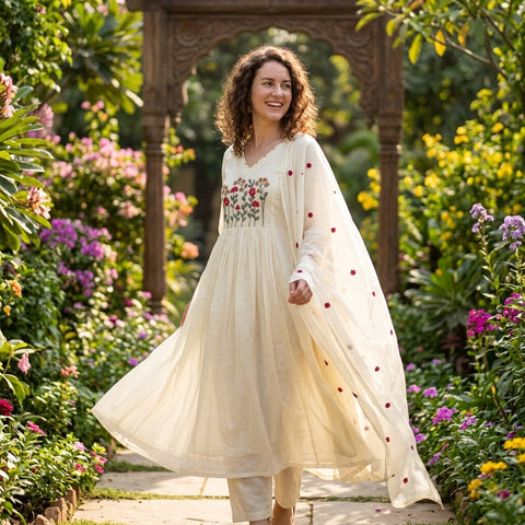 Cream emb pure mul cotton suit set