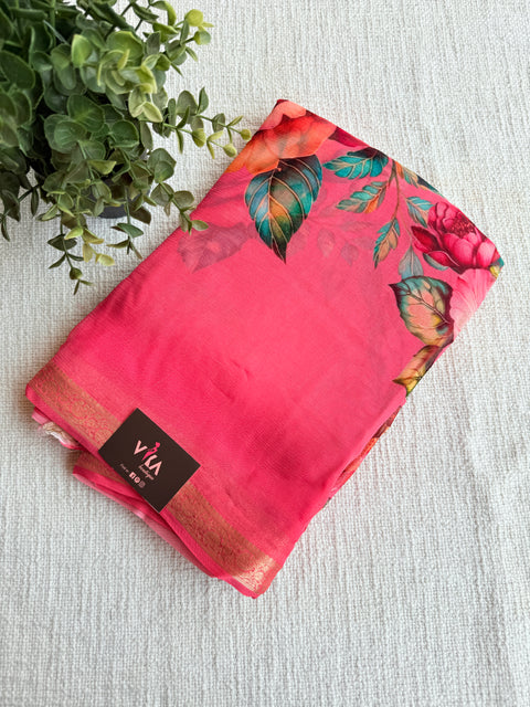 Zari border Floral printed pure chiffon saree