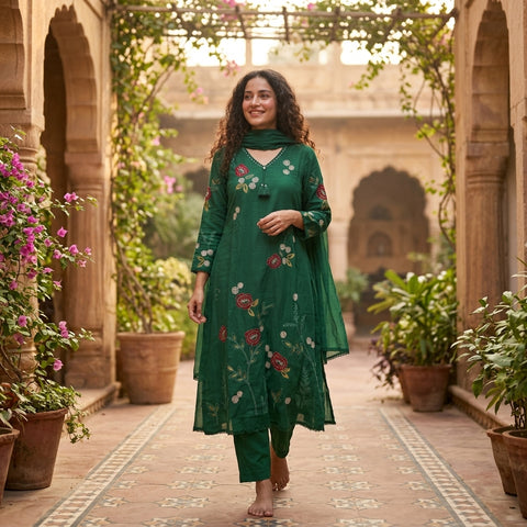 Green floral emb pure cotton suit set