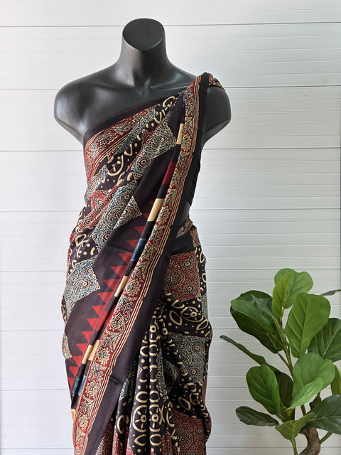 Ajrakh printed modal silk saree
