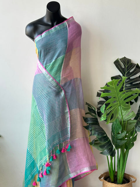 Multicolour cotton linen saree
