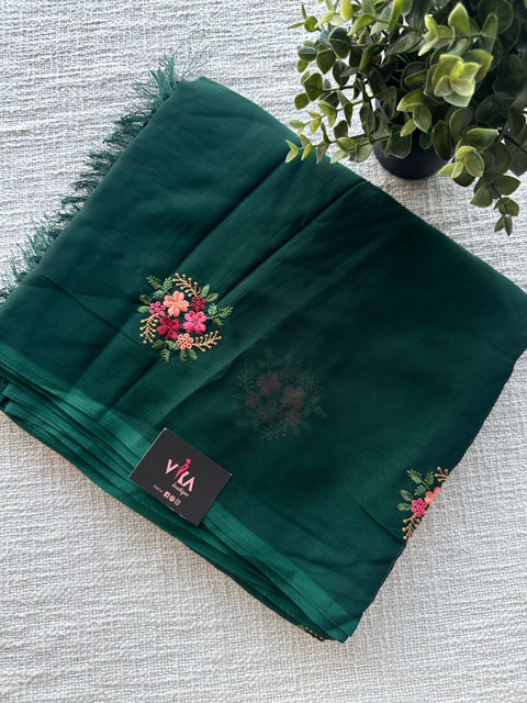 Colourful Embroidery dark green chiffon saree