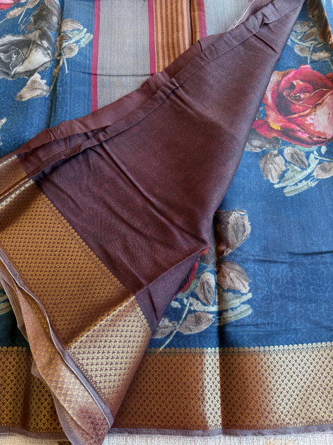 Vintage floral printed zari border saree