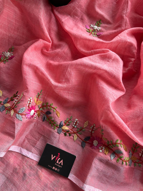 Hand embroidery cotton saree - Peach