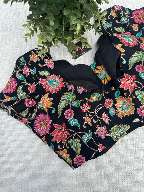 Black colourful floral emb silk blouse