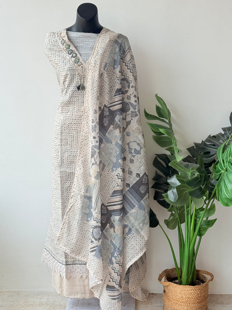 V Neck printed linen cotton suit material