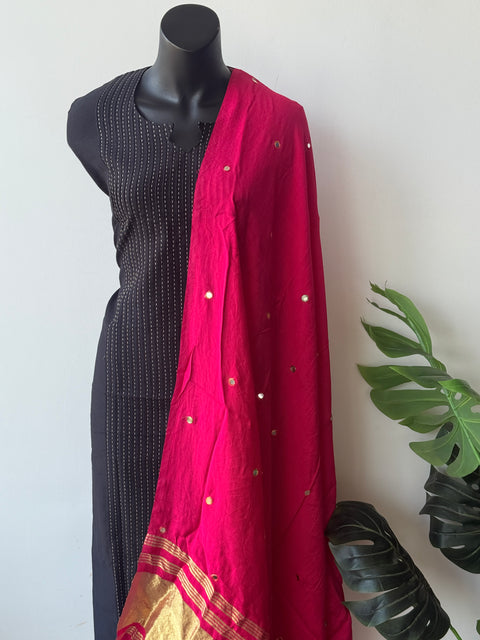 Contrast mirror work silk Dupatta with silk cotton top