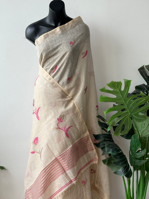 Jamdani weaving silk linen saree - Off white